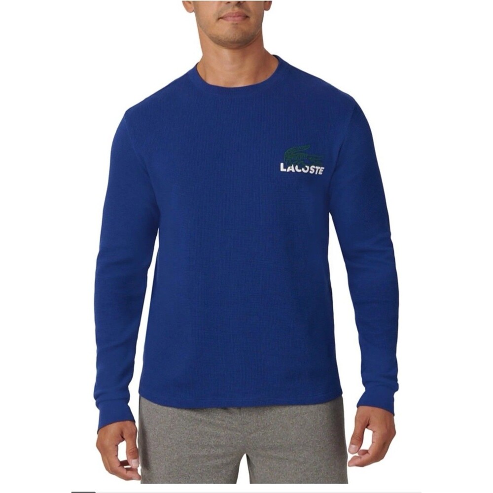 New Men’s Lacoste Blue Waffle Knit Thermal Long Sleeve Sleepwear Lounge Shirt S